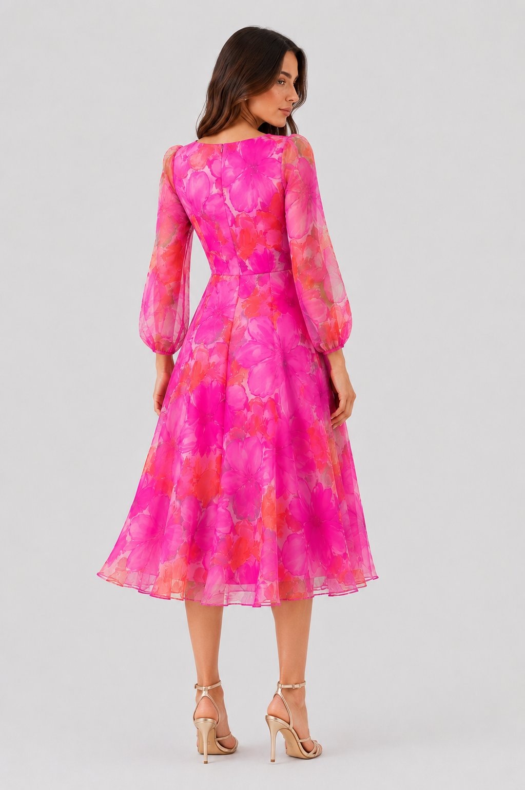 Women’s sheer floral midi dress with an all-over floral print, round neckline, sheer puff sleeves, and a softly flared midi-length skirt. Features a lightweight semi-sheer layered fabric with lining for coverage and an elegant, feminine silhouette.