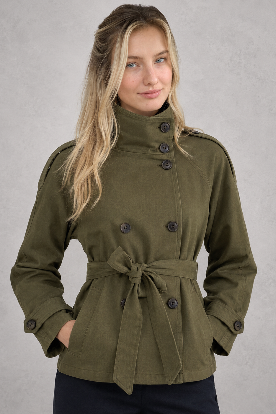 Women’s short belted trench coat with a lightweight tailored silhouette, adjustable waist belt, and classic trench-inspired styling.