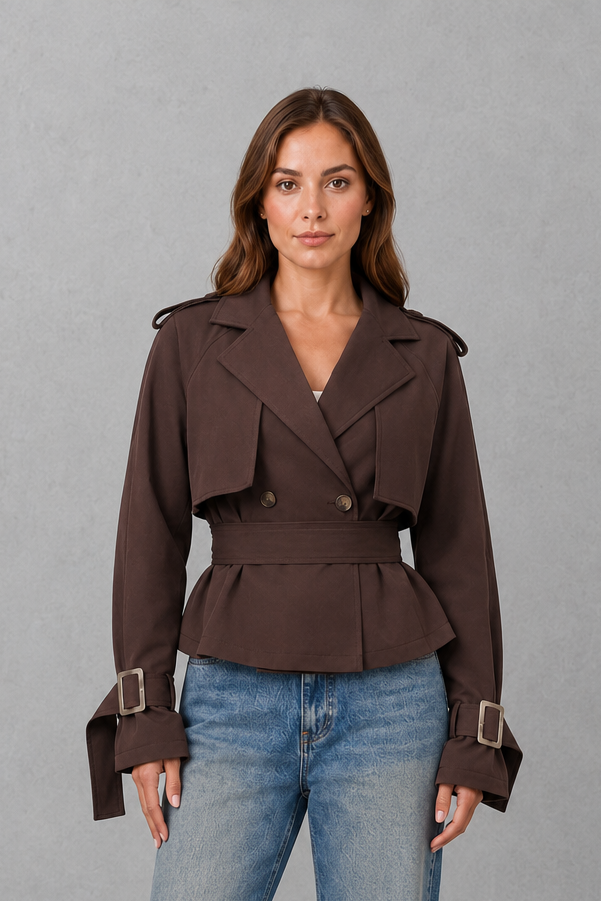 Women’s short cotton trench coat with a double-breasted button front, notched lapels, adjustable waist belt, and buttoned cuff details.