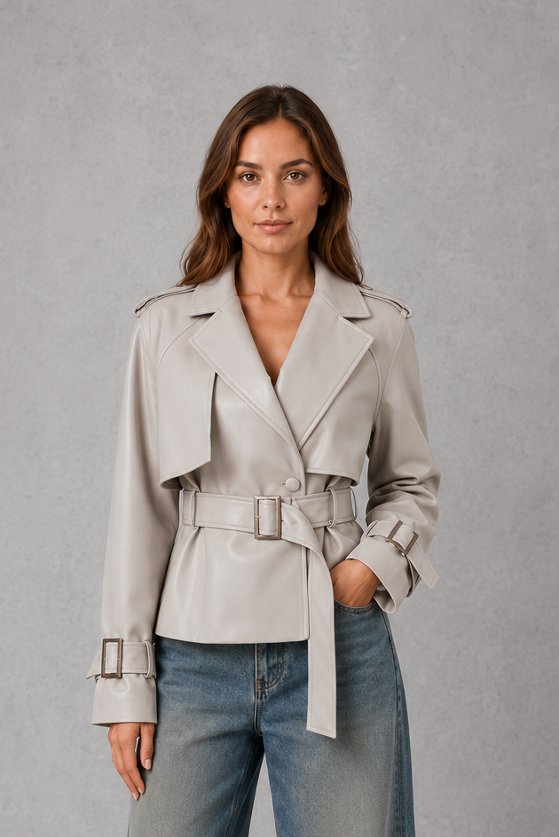 Women’s short cotton trench coat with a double-breasted button front, notched lapels, adjustable waist belt, and buttoned cuff details.