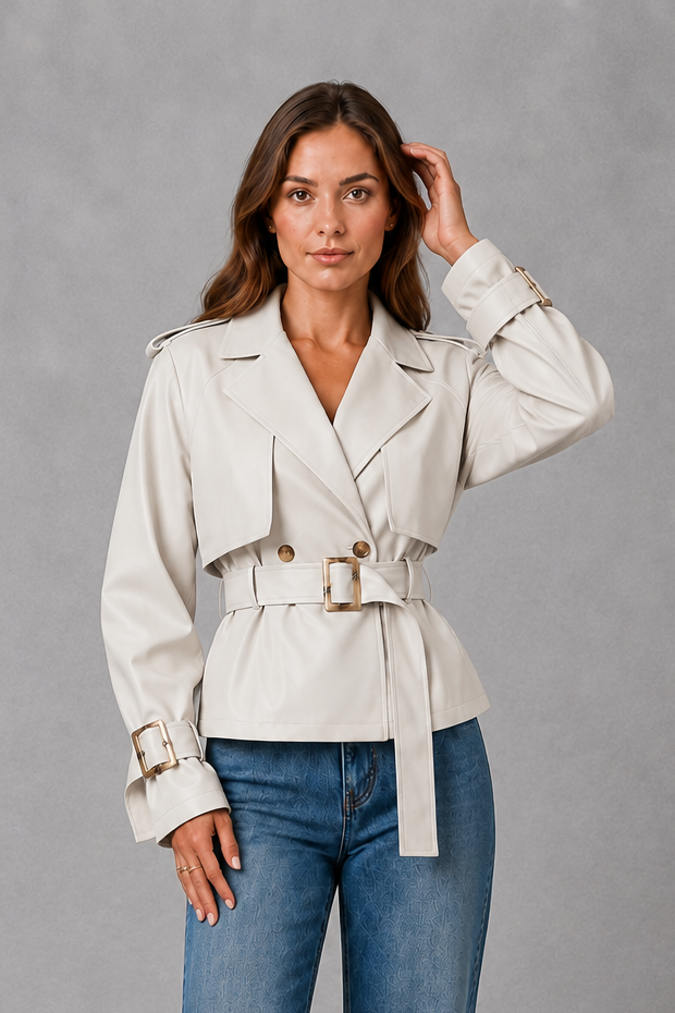 Women’s short cotton trench coat with a double-breasted button front, notched lapels, adjustable waist belt, and buttoned cuff details.