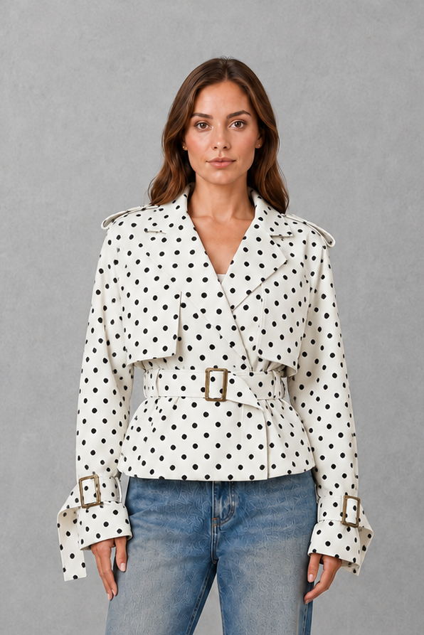 Women’s short cotton trench coat with a double-breasted button front, notched lapels, adjustable waist belt, and buttoned cuff details.