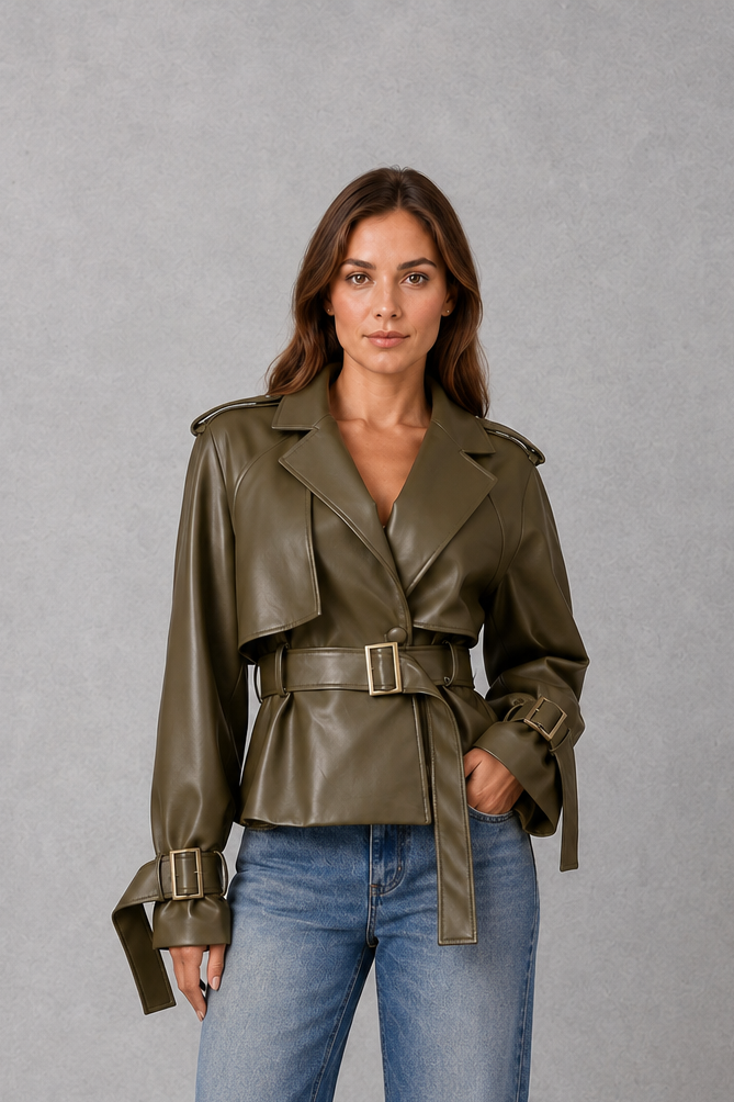 Women’s short cotton trench coat with a double-breasted button front, notched lapels, adjustable waist belt, and buttoned cuff details.