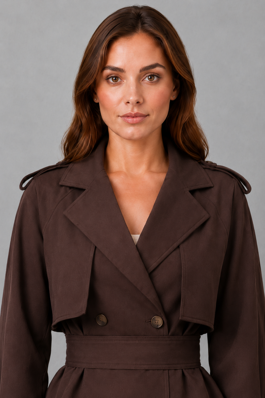 Women’s short cotton trench coat with a double-breasted button front, notched lapels, adjustable waist belt, and buttoned cuff details.