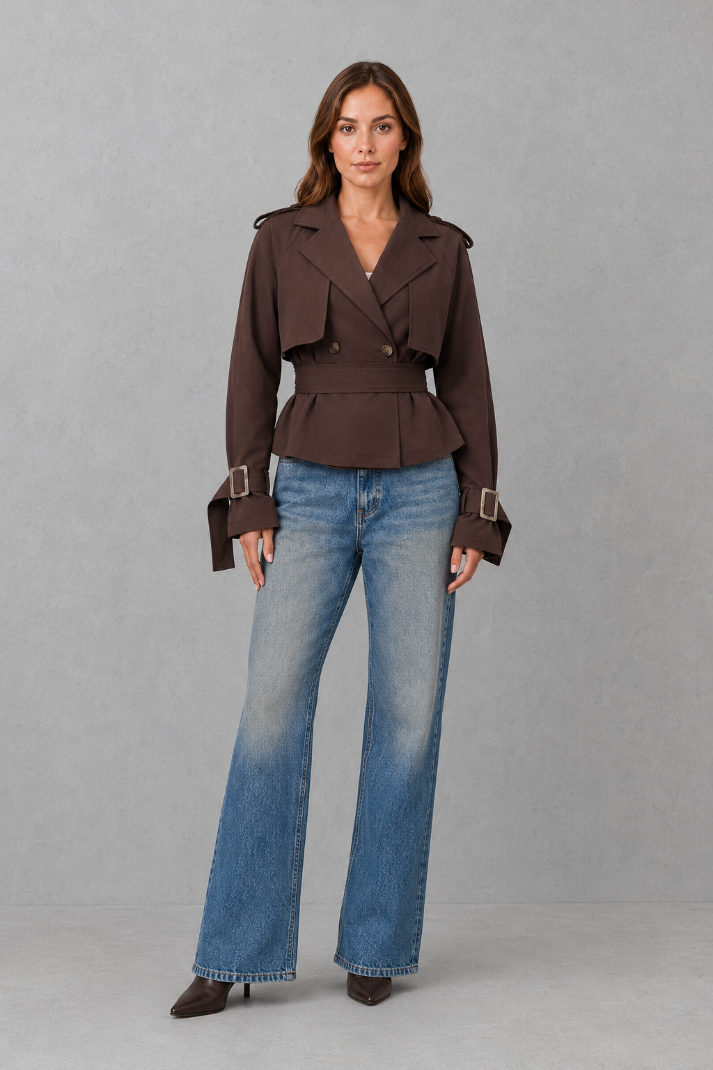 Women’s short cotton trench coat with a double-breasted button front, notched lapels, adjustable waist belt, and buttoned cuff details.