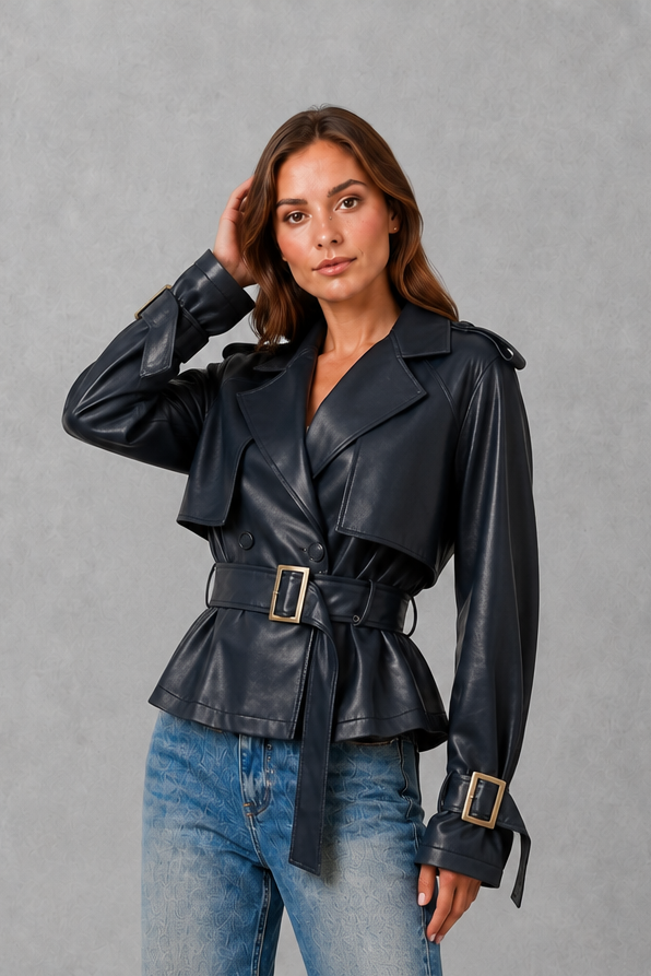 Women’s short cotton trench coat with a double-breasted button front, notched lapels, adjustable waist belt, and buttoned cuff details.