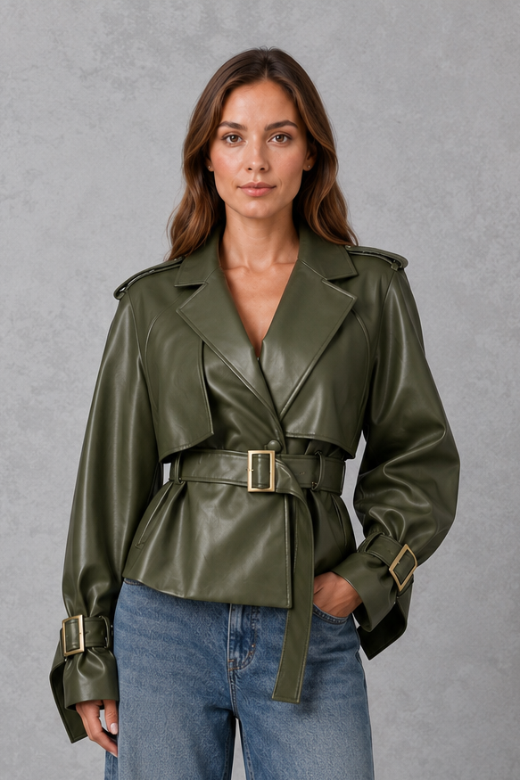 Women’s short cotton trench coat with a double-breasted button front, notched lapels, adjustable waist belt, and buttoned cuff details.