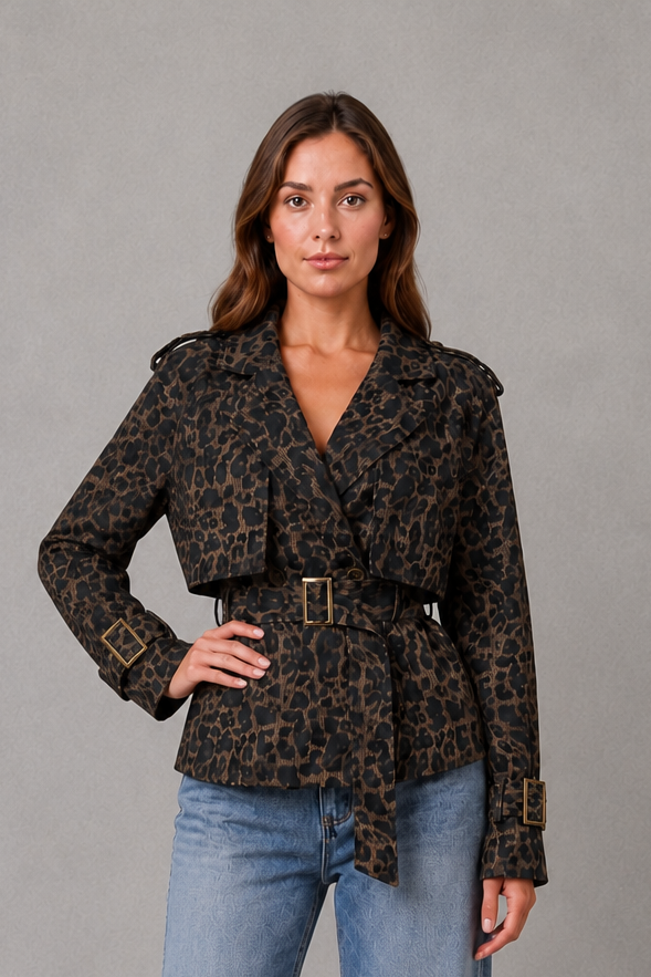 Women’s short cotton trench coat with a double-breasted button front, notched lapels, adjustable waist belt, and buttoned cuff details.