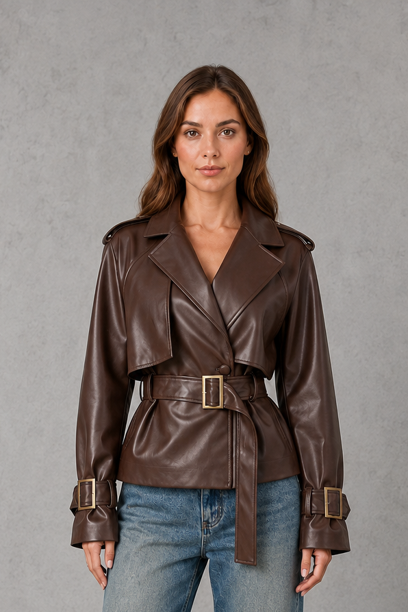 Women’s short cotton trench coat with a double-breasted button front, notched lapels, adjustable waist belt, and buttoned cuff details.