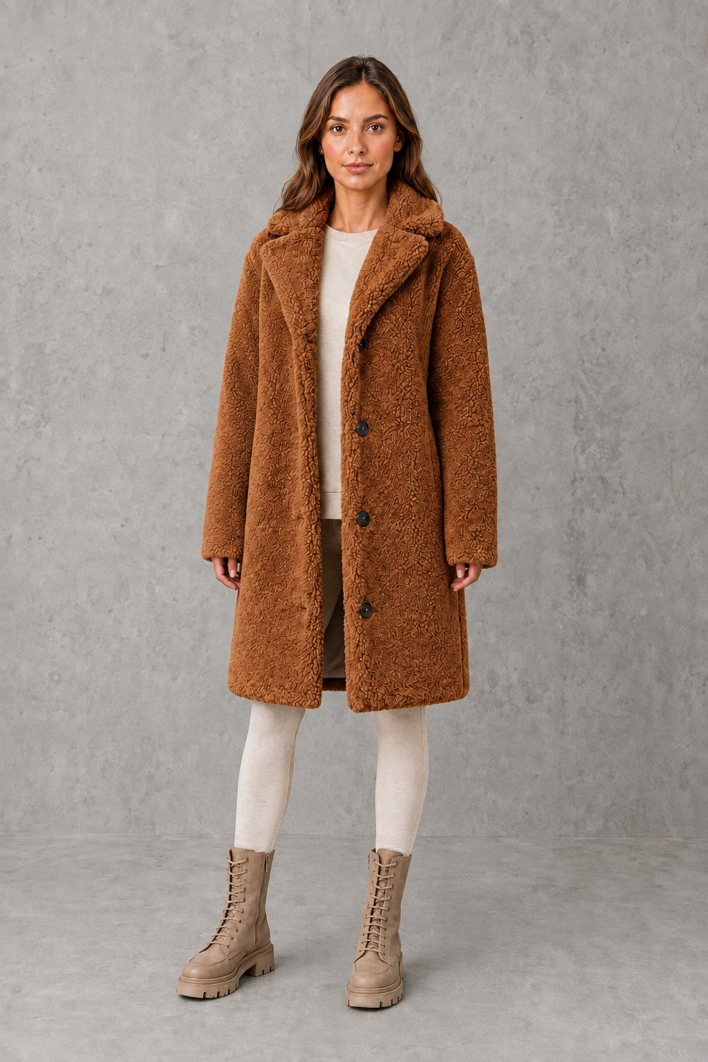 Women’s single-breasted teddy coat with soft plush texture, classic structured collar, streamlined silhouette, and flattering tailored fit.