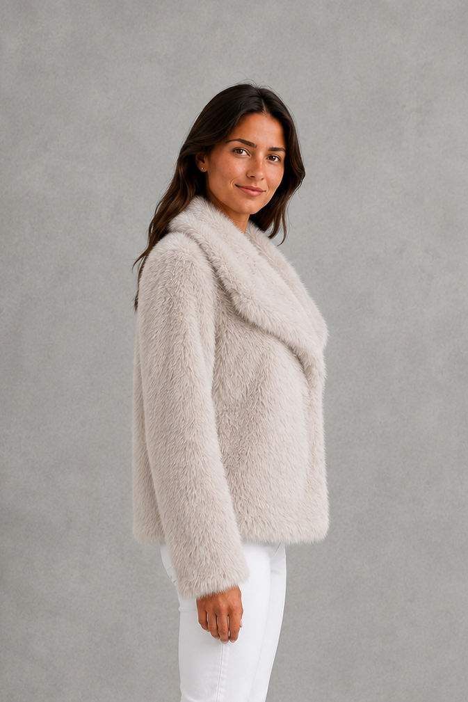 Women’s sleek faux fur jacket with a soft plush exterior, streamlined silhouette, comfortable lining, and elegant regular fit for cold-weather styling.