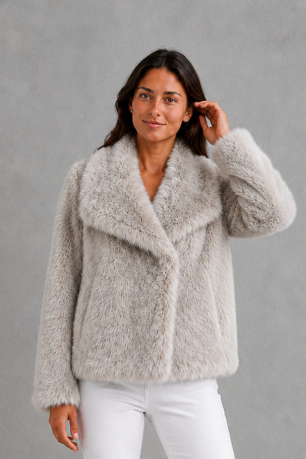 Women’s sleek faux fur jacket with a soft plush exterior, streamlined silhouette, comfortable lining, and elegant regular fit for cold-weather styling.