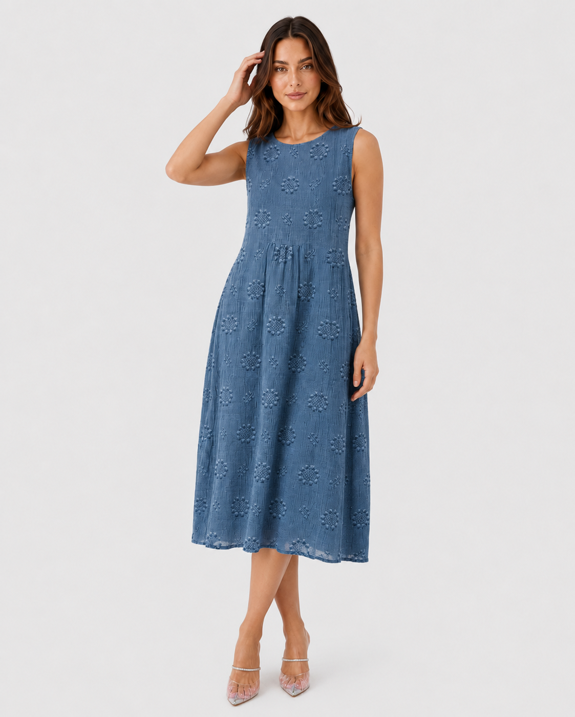 Women’s sleeveless midi summer dress with a loose fit, gathered waist, and practical side pockets. Made from a soft, breathable fabric blend, this casual warm-weather dress is available in Green, Blue, Yellow, White, Red, Orange, and Light Yellow, in sizes S–5XL.