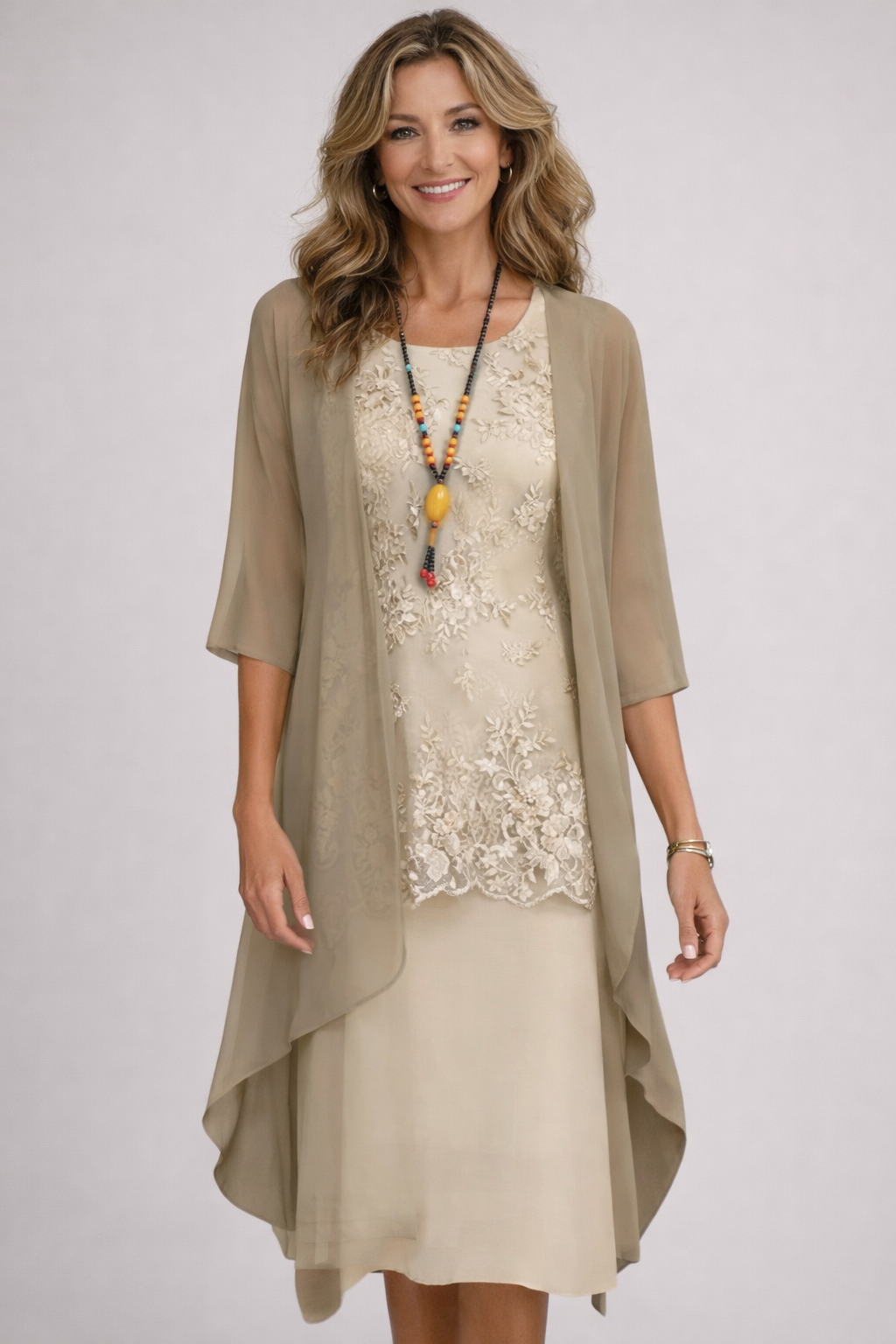 Woman wearing patchwork casual beige dress