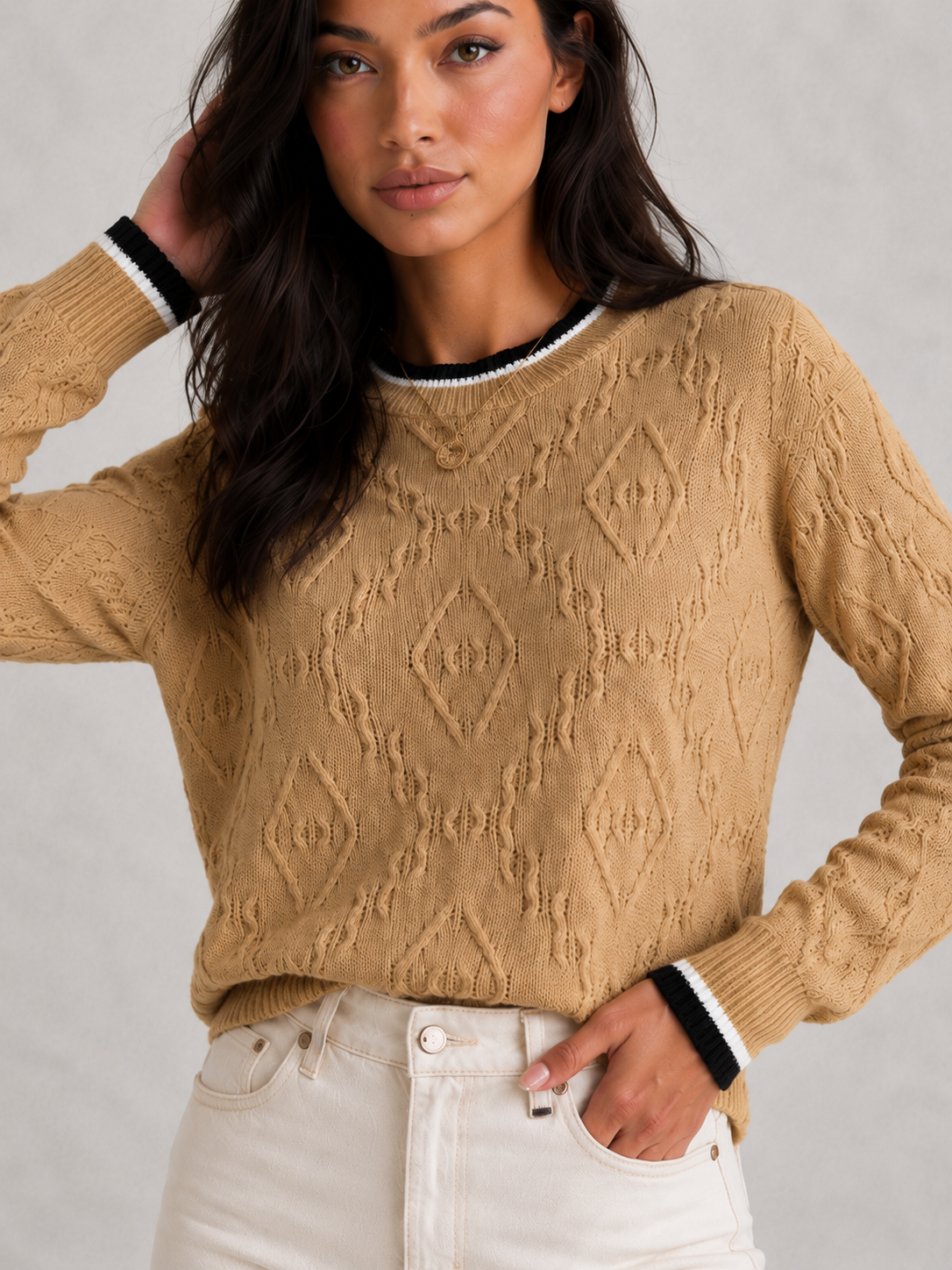 Women's soft knit striped jumper featuring contrast striped collar and cuff trim, relaxed fit, lightweight acrylic knit, elegant casual styling.