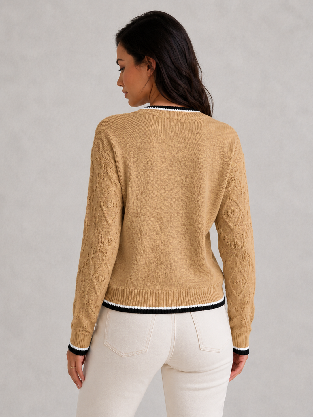 Women's soft knit striped jumper featuring contrast striped collar and cuff trim, relaxed fit, lightweight acrylic knit, elegant casual styling.