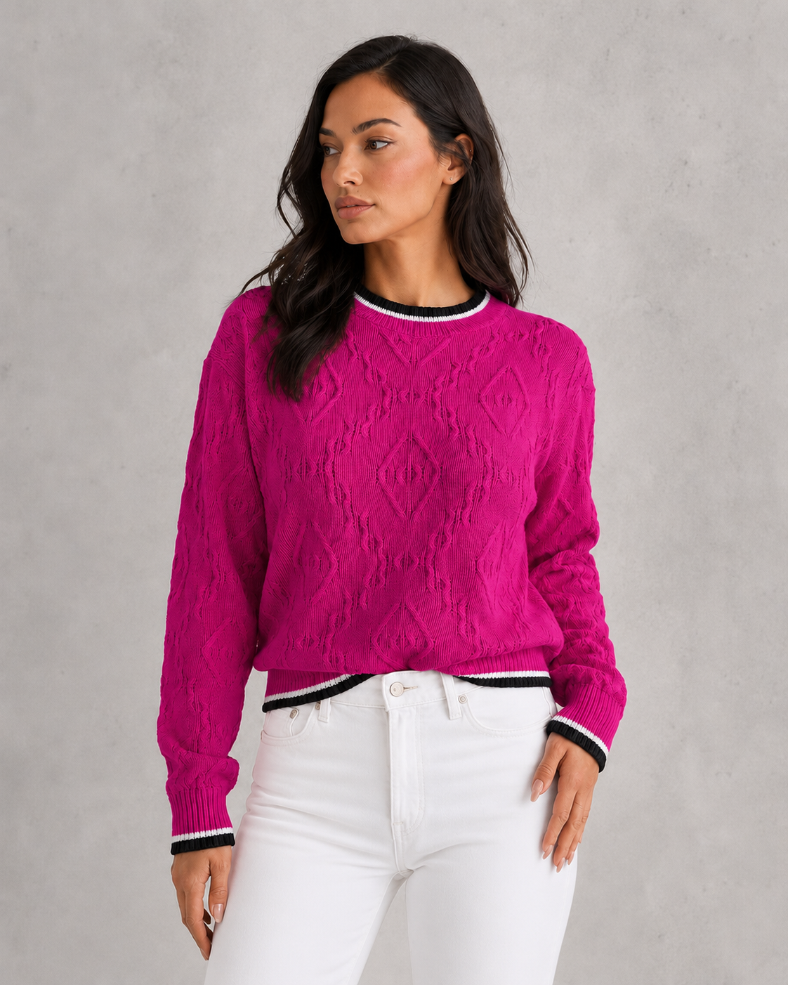 Women's soft knit striped jumper featuring contrast striped collar and cuff trim, relaxed fit, lightweight acrylic knit, elegant casual styling.