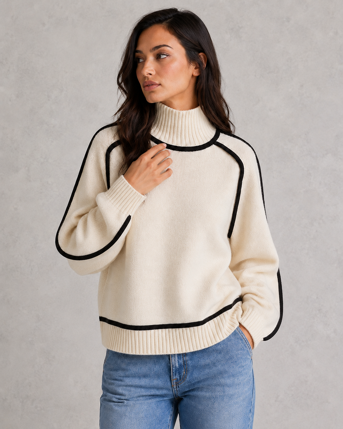 Woman wearing a soft merino wool turtleneck sweater with a relaxed fit and elegant winter styling.