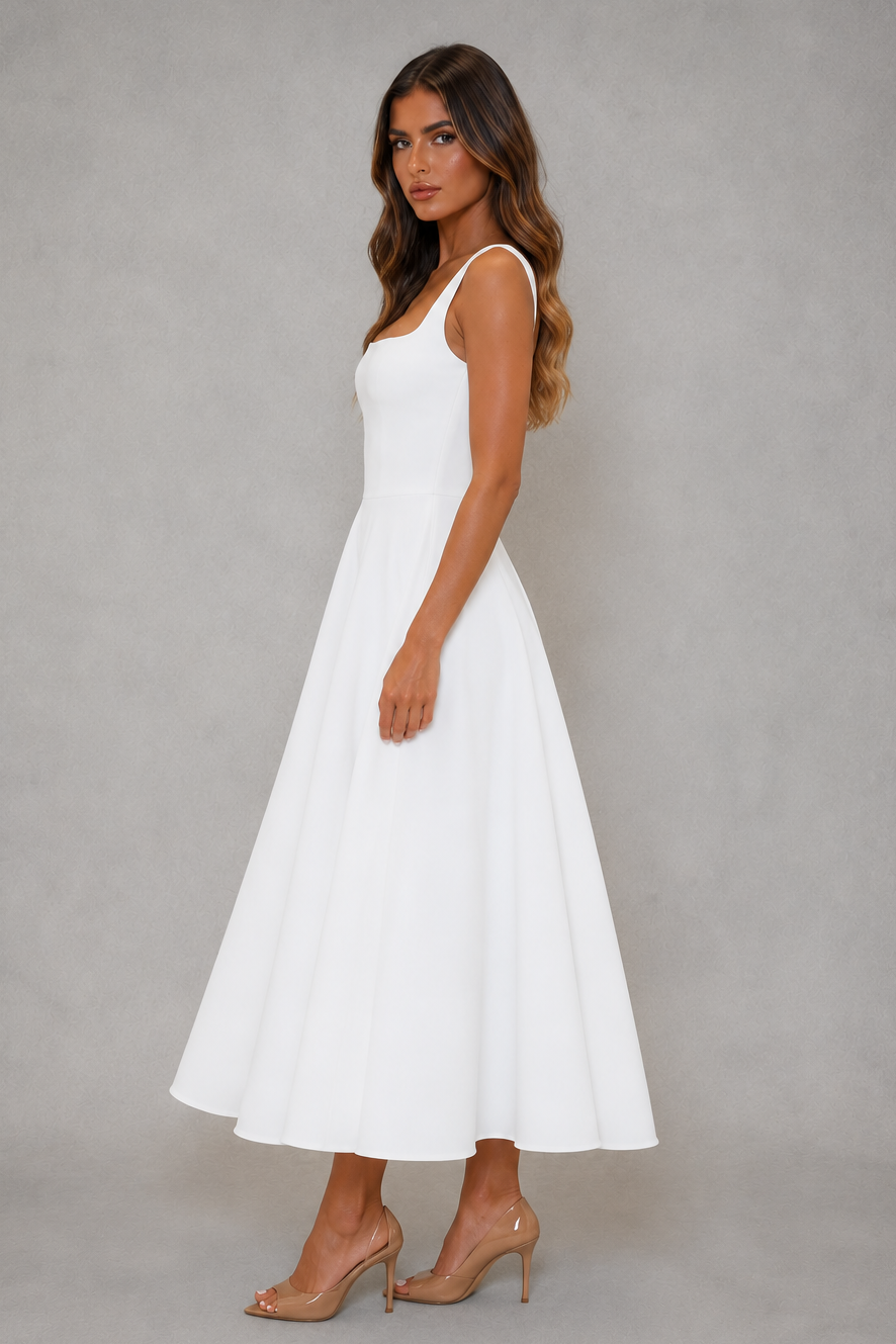 Women's square neck A-line midi dress with a tailored bodice, defined waist, and flowing skirt in a breathable polyester and cotton blend, perfect for work, office, formal events, and special occasions.