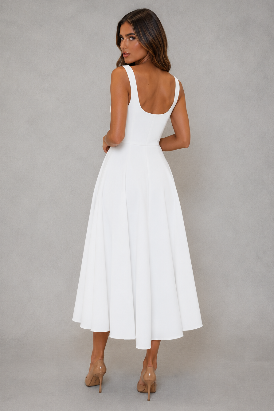 Women's square neck A-line midi dress with a tailored bodice, defined waist, and flowing skirt in a breathable polyester and cotton blend, perfect for work, office, formal events, and special occasions.