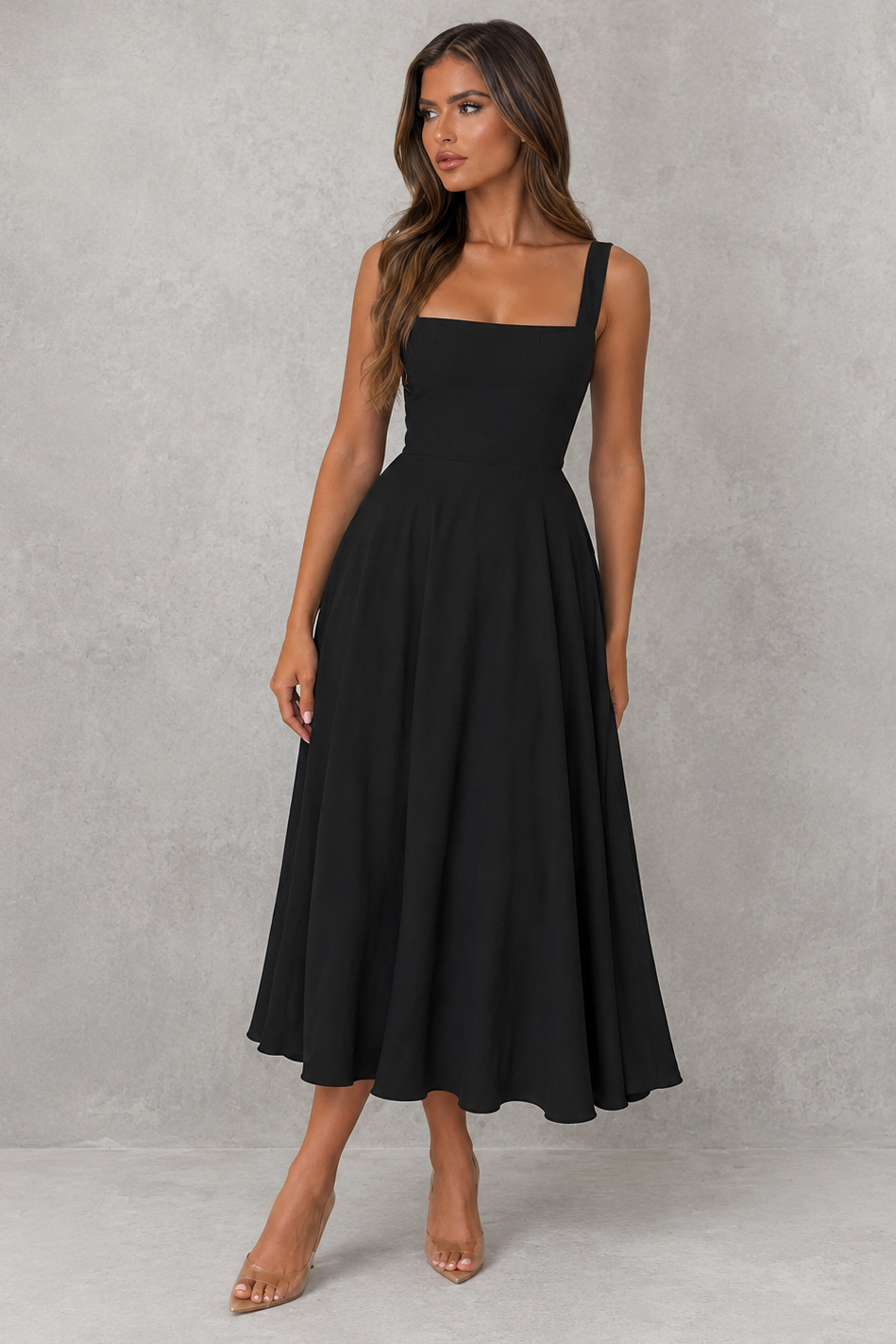 Women's square neck A-line midi dress with a tailored bodice, defined waist, and flowing skirt in a breathable polyester and cotton blend, perfect for work, office, formal events, and special occasions.
