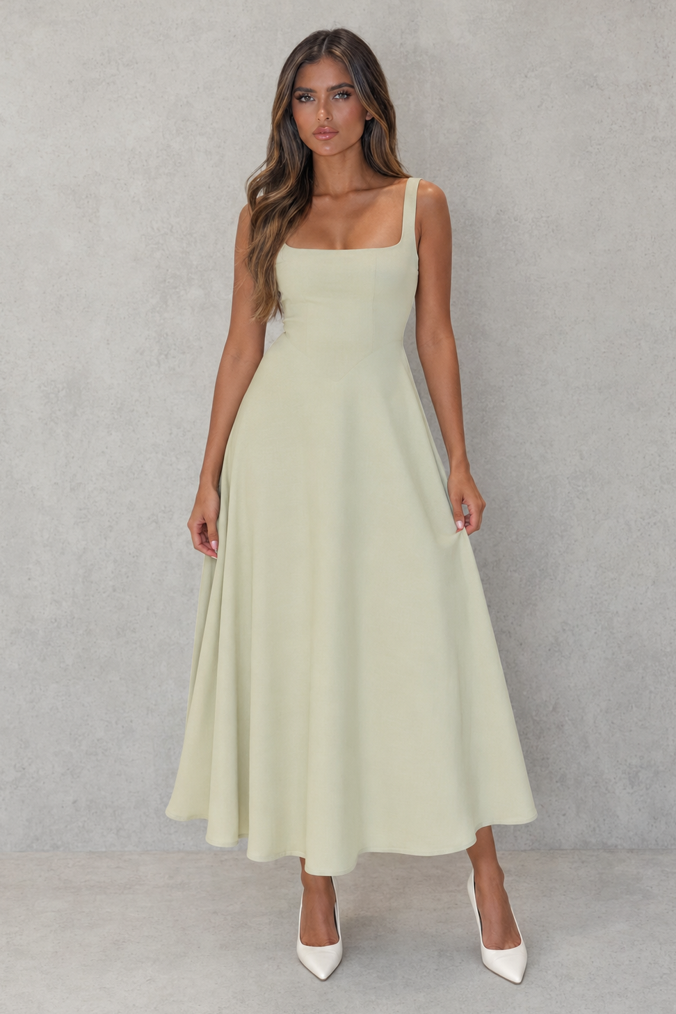 Women's square neck A-line midi dress with a tailored bodice, defined waist, and flowing skirt in a breathable polyester and cotton blend, perfect for work, office, formal events, and special occasions.