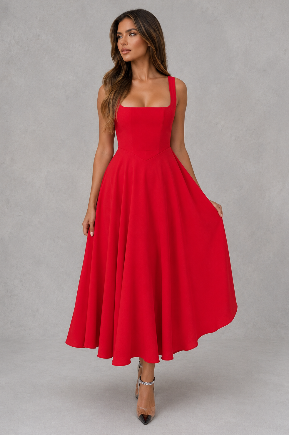 Women's square neck A-line midi dress with a tailored bodice, defined waist, and flowing skirt in a breathable polyester and cotton blend, perfect for work, office, formal events, and special occasions.