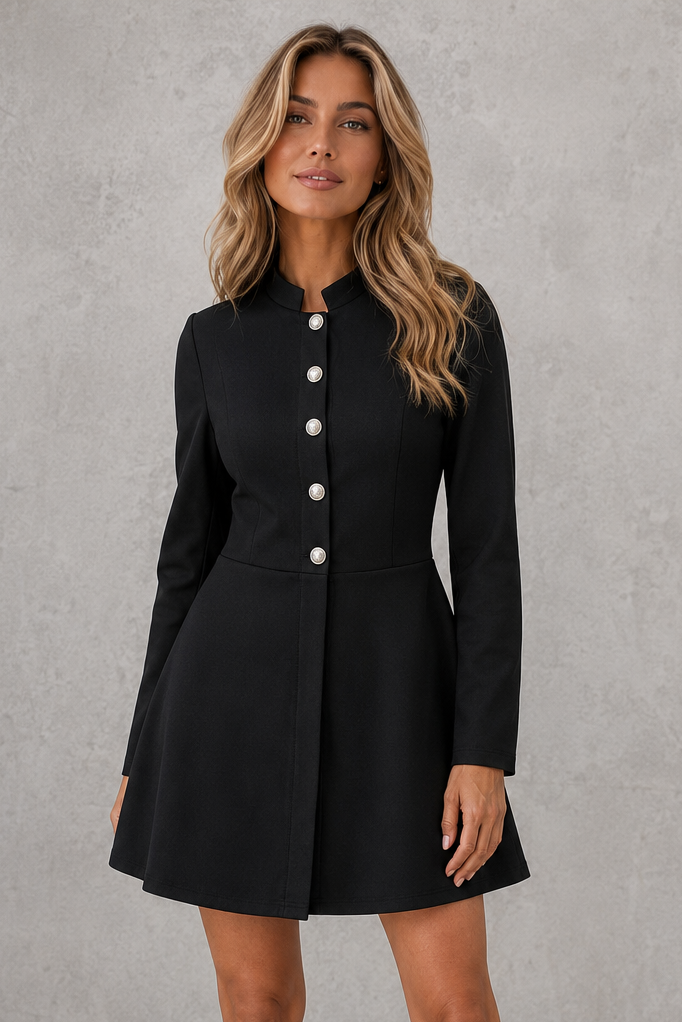Women’s stand collar button-up jacket with long sleeves, lightweight woven fabric, a structured silhouette, and a clean tailored finish.