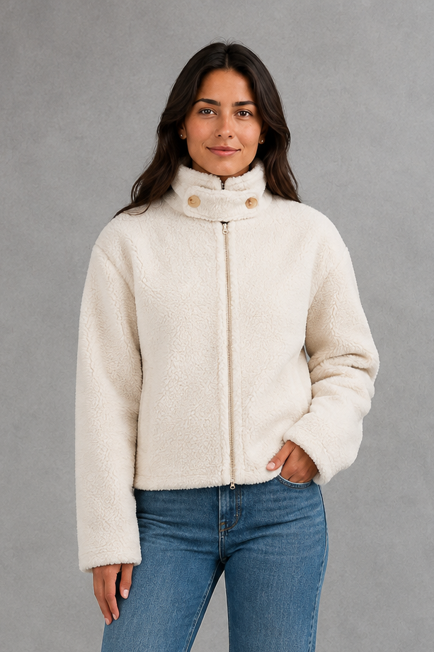 Women’s stand collar fleece jacket with a soft plush texture, full-length front zipper, long sleeves and a relaxed everyday fit.