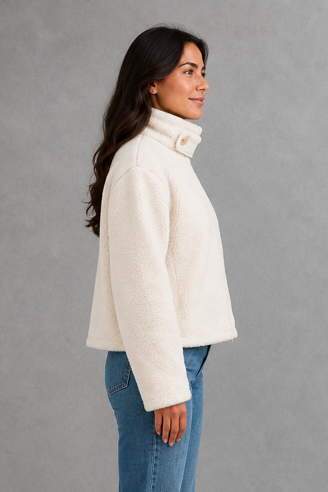 Women’s stand collar fleece jacket with a soft plush texture, full-length front zipper, long sleeves and a relaxed everyday fit.