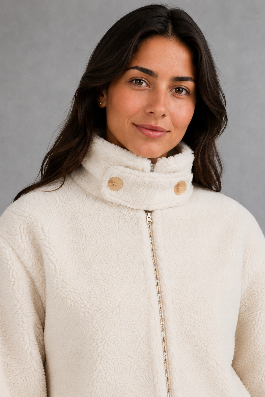 Women’s stand collar fleece jacket with a soft plush texture, full-length front zipper, long sleeves and a relaxed everyday fit.