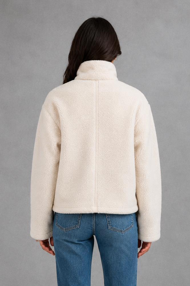 Women’s stand collar fleece jacket with a soft plush texture, full-length front zipper, long sleeves and a relaxed everyday fit.