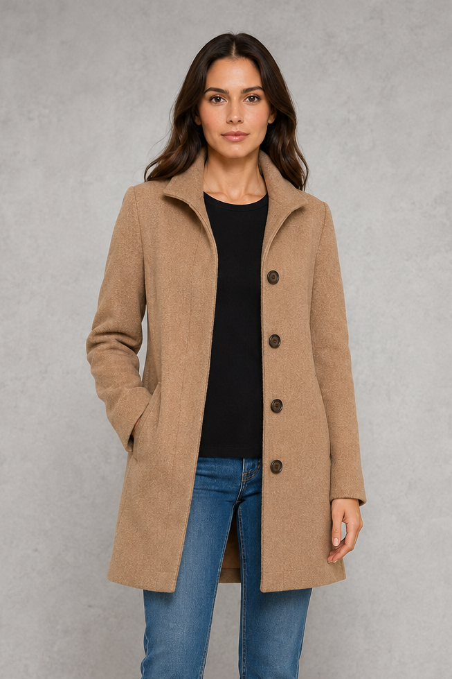 Women’s straight-fit button coat with a clean streamlined silhouette, soft-touch fabric, long sleeves, and lightweight construction for comfortable layering.