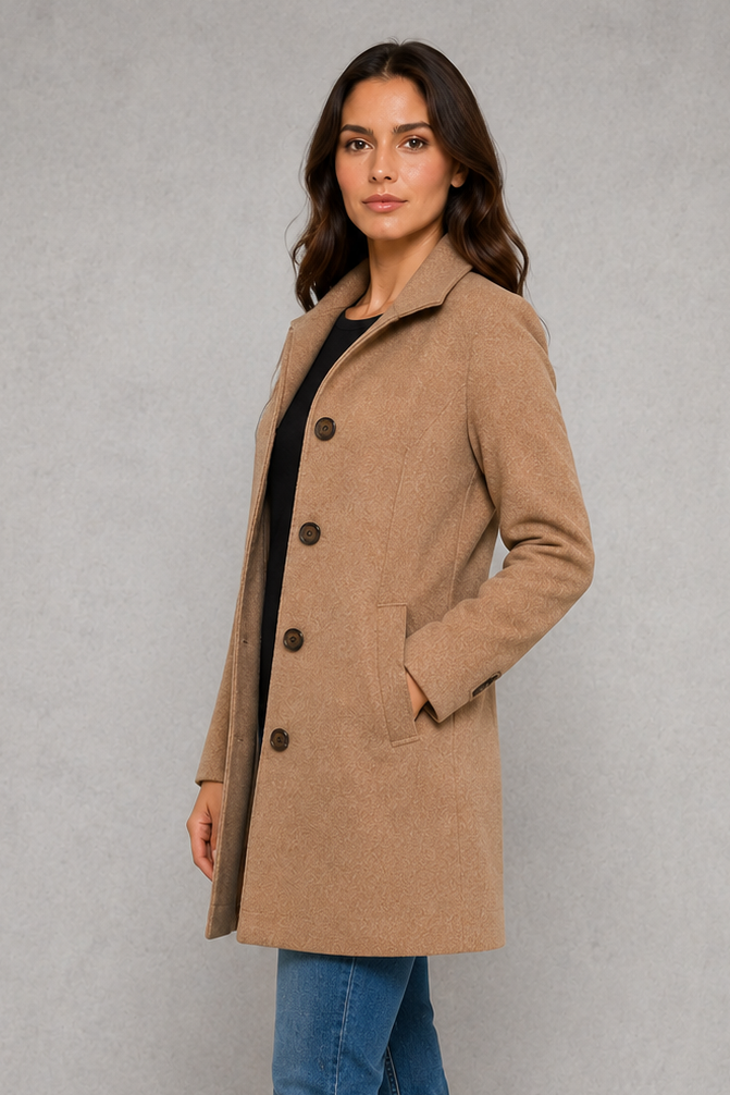 Women’s straight-fit button coat with a clean streamlined silhouette, soft-touch fabric, long sleeves, and lightweight construction for comfortable layering.