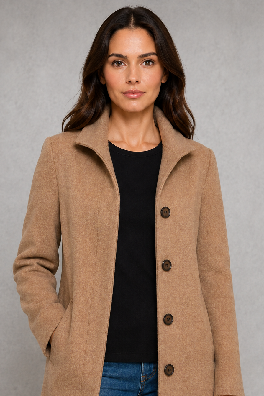 Women’s straight-fit button coat with a clean streamlined silhouette, soft-touch fabric, long sleeves, and lightweight construction for comfortable layering.