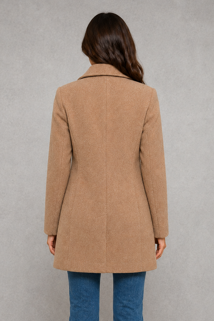 Women’s straight-fit button coat with a clean streamlined silhouette, soft-touch fabric, long sleeves, and lightweight construction for comfortable layering.