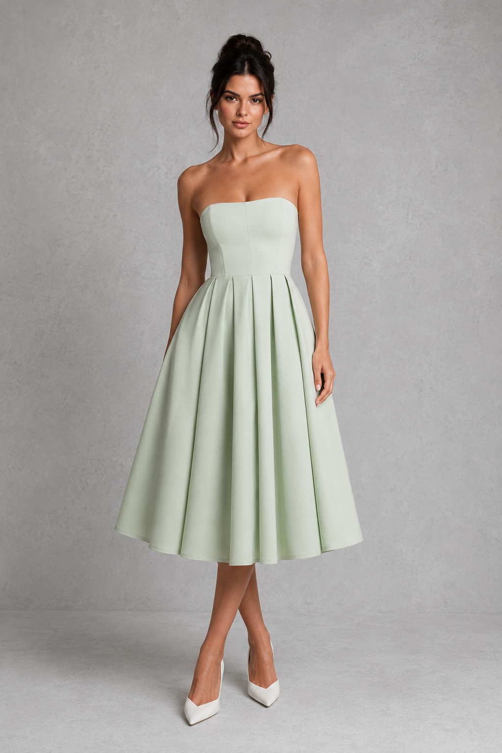 Women's strapless fit and flare midi dress in stretch bengaline fabric featuring a structured boned bodice, full pleated midi skirt, and elegant silhouette, ideal for parties, weddings, formal occasions, and special events.