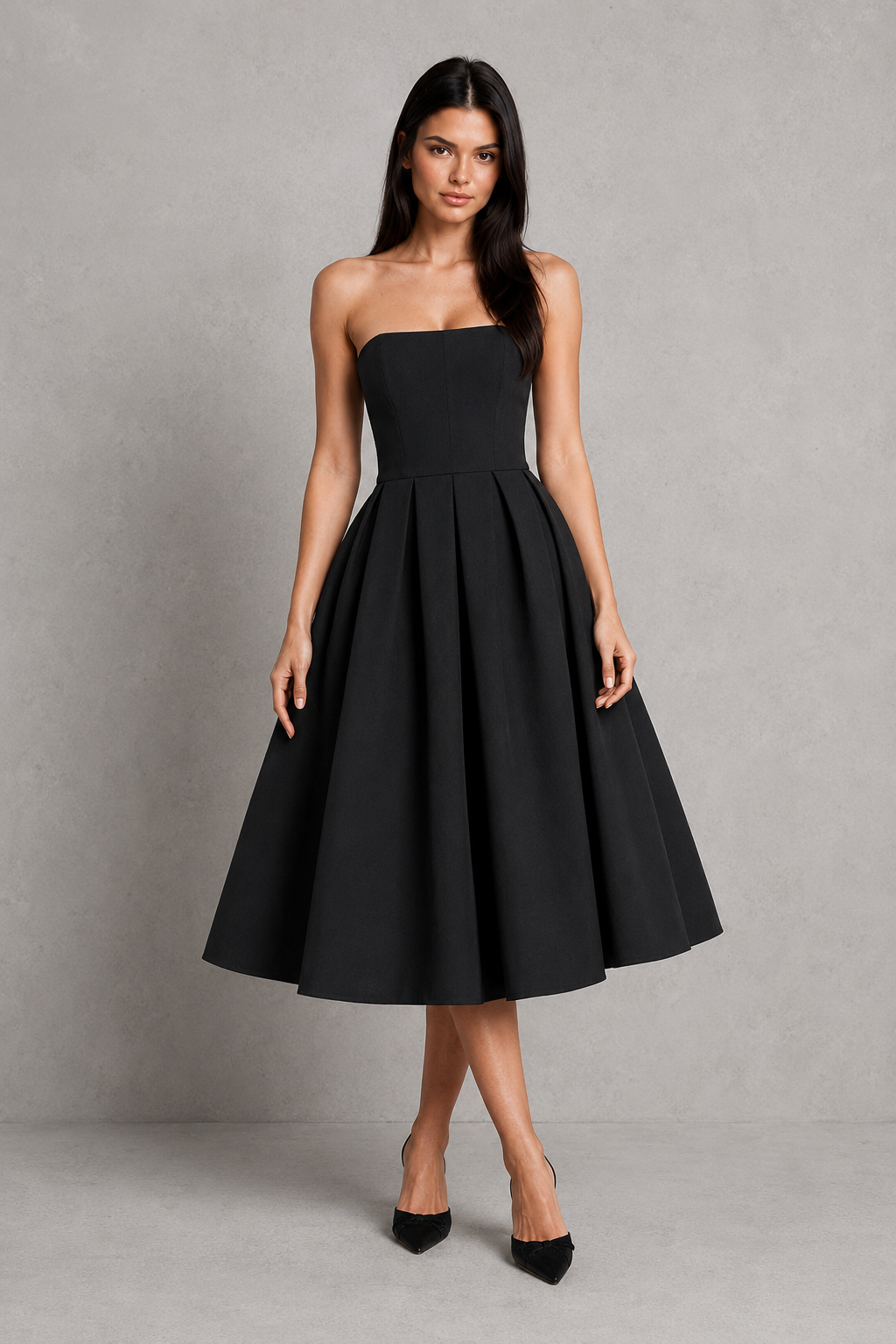 Women's strapless fit and flare midi dress in stretch bengaline fabric featuring a structured boned bodice, full pleated midi skirt, and elegant silhouette, ideal for parties, weddings, formal occasions, and special events.
