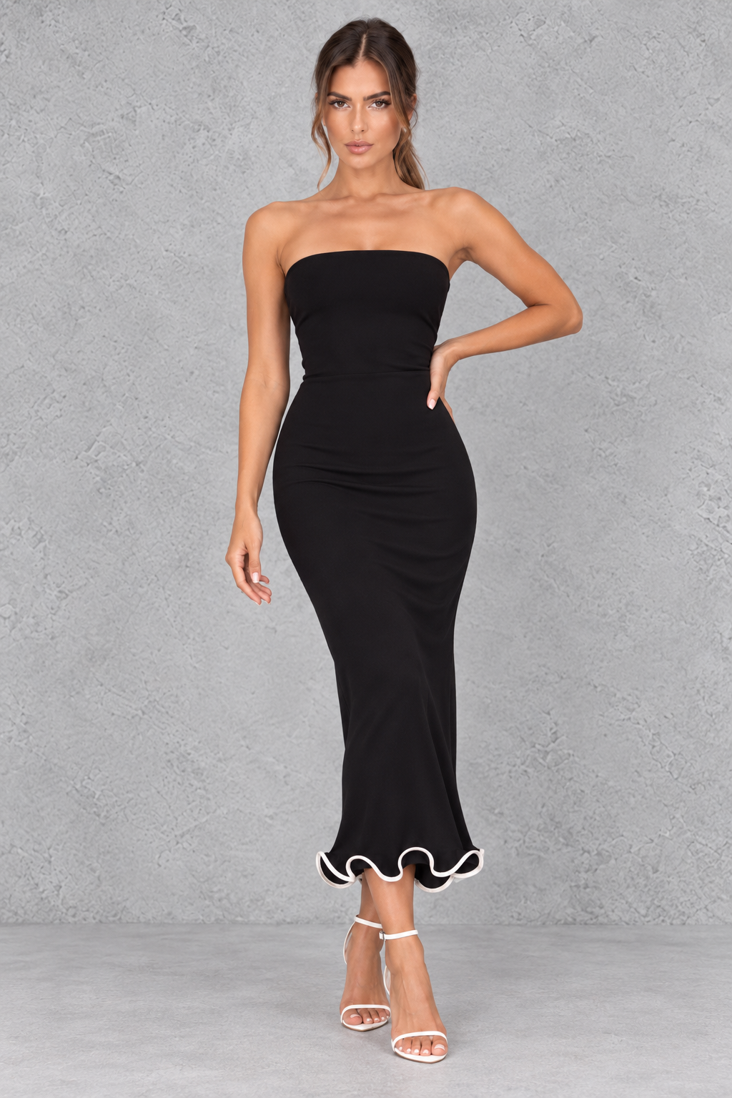 Women's Strapless Ruched Bodycon Midi Party Dress - Wedding Guest & Holiday
