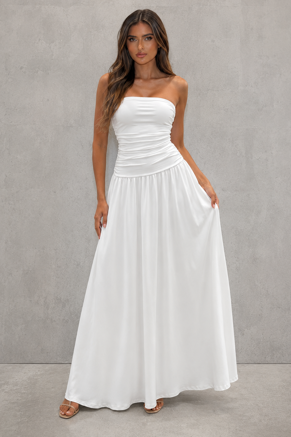 Women’s strapless ruched maxi dress with a fitted gathered bodice and flowing full-length skirt for weddings, formal events, and evening wear.