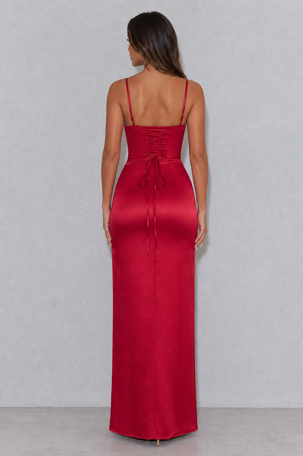 Women’s stretch satin maxi dress with lace-up back, underwired bodice and thigh-high split for formal events, weddings and evening wear.