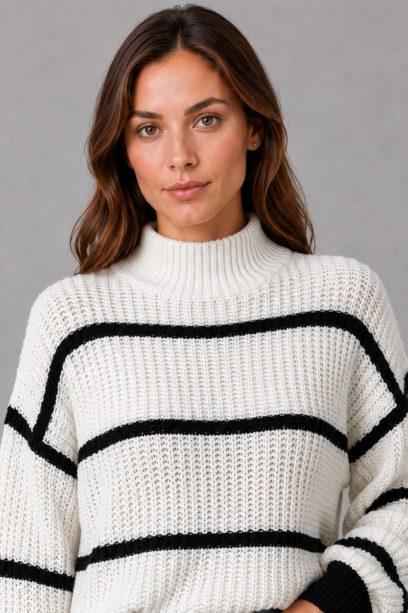Women’s striped mock neck sweater with long sleeves, relaxed dropped shoulders and a comfortable knitted silhouette for casual cold-weather styling.