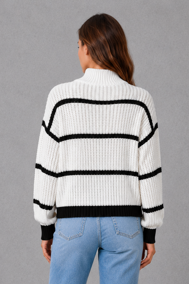 Women’s striped mock neck sweater with long sleeves, relaxed dropped shoulders and a comfortable knitted silhouette for casual cold-weather styling.