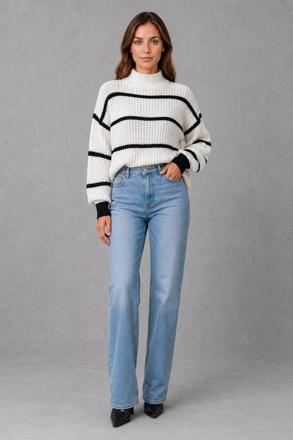 Women’s striped mock neck sweater with long sleeves, relaxed dropped shoulders and a comfortable knitted silhouette for casual cold-weather styling.