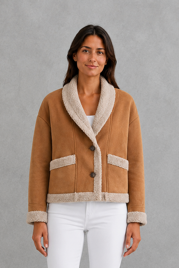 Women’s suede-look teddy coat with a soft textured finish, classic lapel collar, long sleeves, and a relaxed silhouette for comfortable layering.