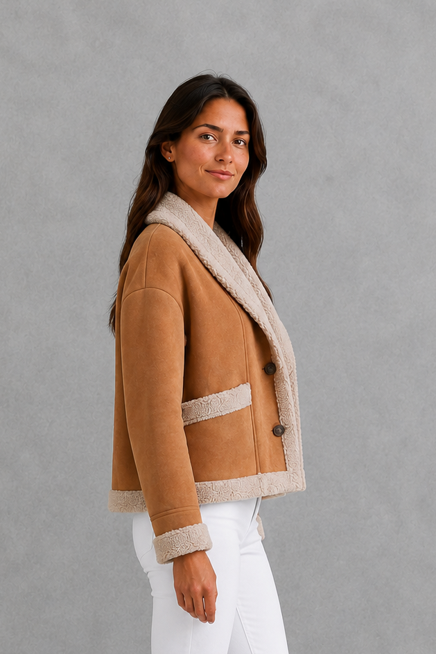 Women’s suede-look teddy coat with a soft textured finish, classic lapel collar, long sleeves, and a relaxed silhouette for comfortable layering.