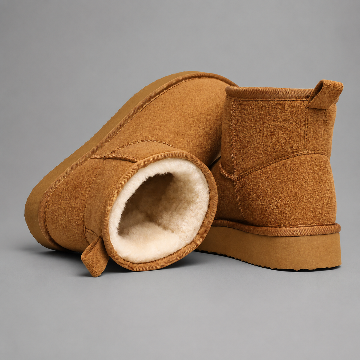 Women’s faux suede platform ankle boots with plush fur lining, chunky 2-inch sole, slip-on design, and rear pull tab.