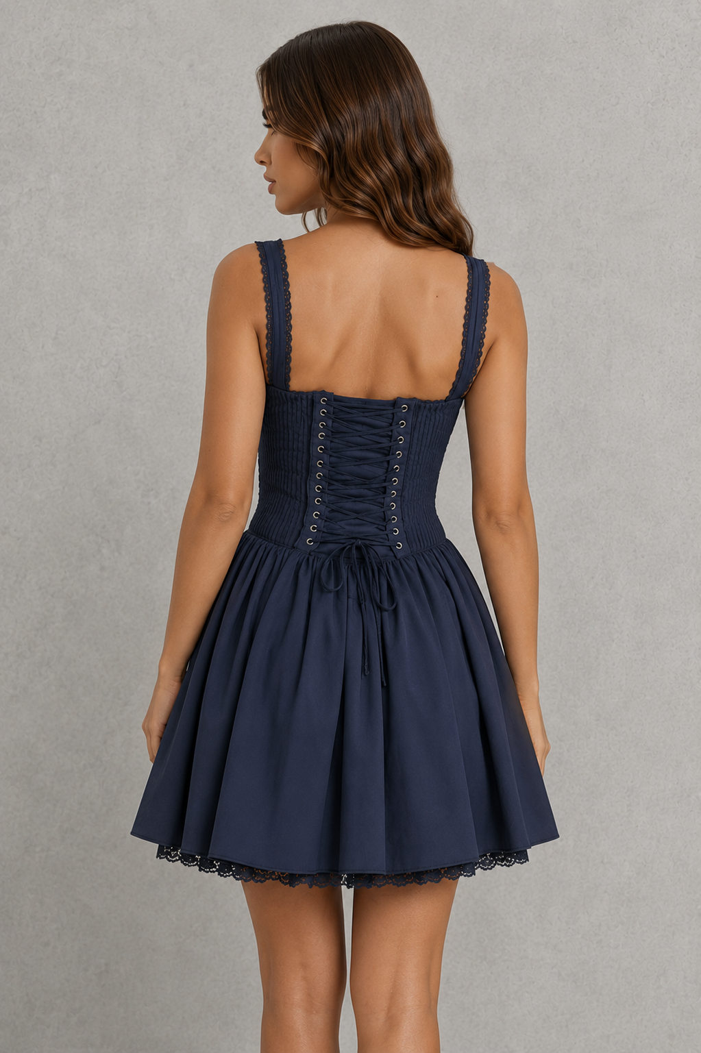 Women's sweetheart mini dress with gathered underwired cups, structured pintuck bodice, adjustable lace-up back, delicate lace trim, and a fit-and-flare silhouette in premium lightweight woven fabric, perfect for parties, summer events, and special occasions.
