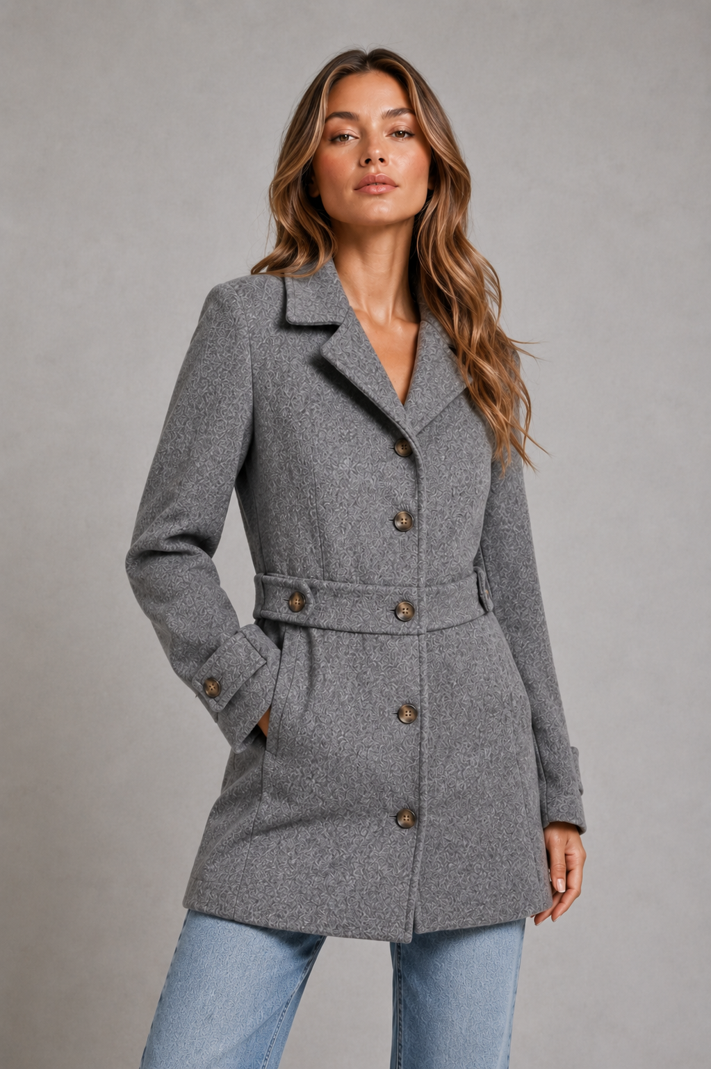 Women’s tailored longline coat with classic collar, button-front closure, waist-defining seams, decorative button tabs, and adjustable cuffs.