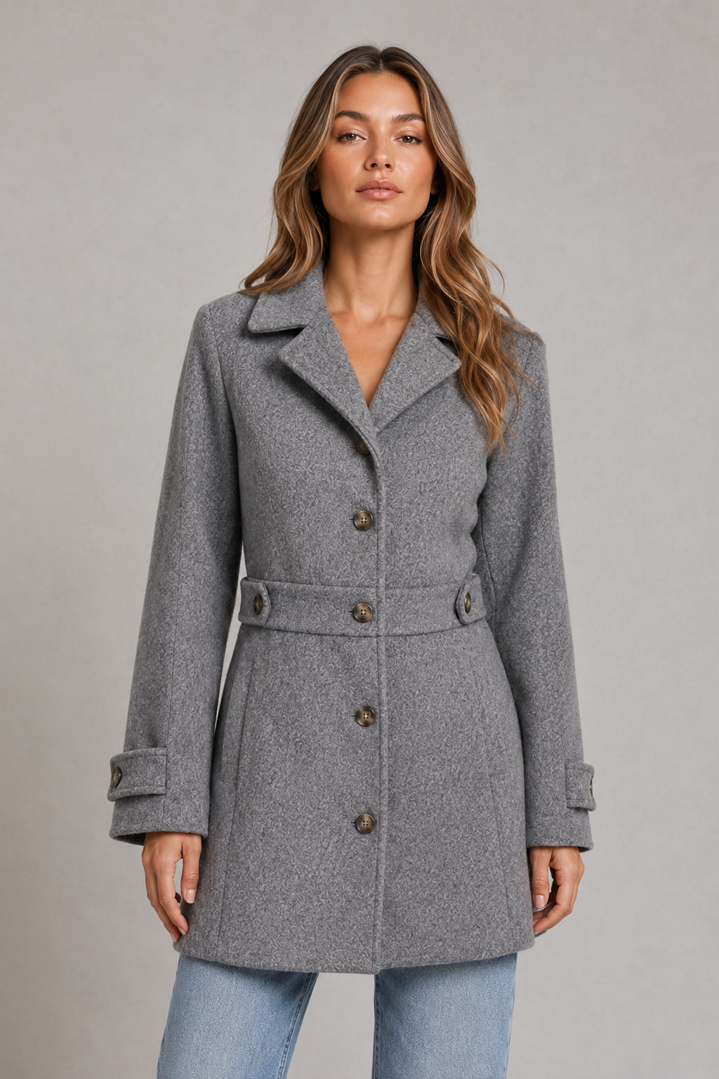 Women’s tailored longline coat with classic collar, button-front closure, waist-defining seams, decorative button tabs, and adjustable cuffs.
